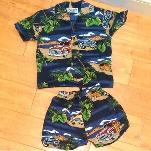 ✅Vintage Classic Car Print Hawaiian Shirt and Shorts Set Boys Size 5t